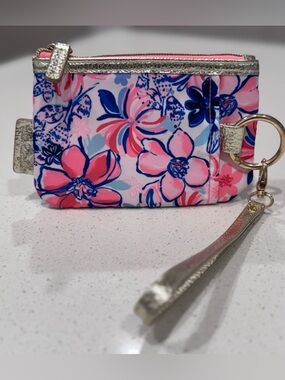 Lilly Pulitzer ID Case Wristlet Keychain Wallet Pink Blue Floral